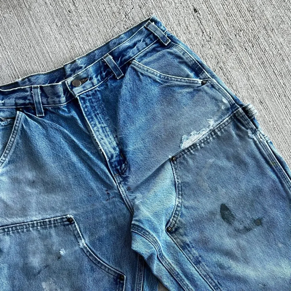 Carhartt faded denim blue jean double knee work wear carpenter pants